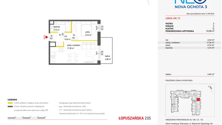 Rzut - Mieszkanie na sprzedaż 2 pokoje o powierzchni 33,88 m² - numer 95 w Neo Nova Ochota 3