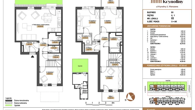Rzut - Mieszkanie na sprzedaż 5 pokoi o powierzchni 107,09 m² - numer 03.B1 w Apartamenty Krynoliny