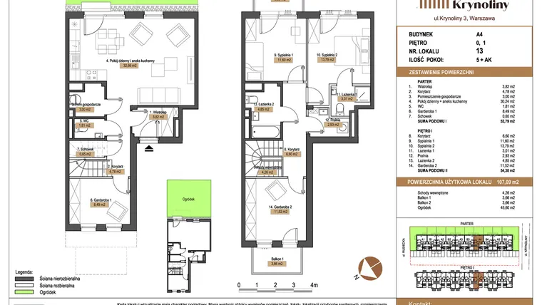 Rzut - Mieszkanie na sprzedaż 5 pokoi o powierzchni 107,09 m² - numer 13.A4 w Apartamenty Krynoliny