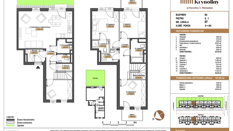 Rzut - Mieszkanie na sprzedaż 5 pokoi o powierzchni 107,09 m² - numer 07.B2 w Apartamenty Krynoliny
