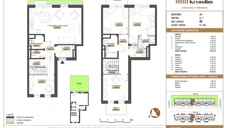 Rzut - Mieszkanie na sprzedaż 5 pokoi o powierzchni 107,09 m² - numer 09.A3 w Apartamenty Krynoliny