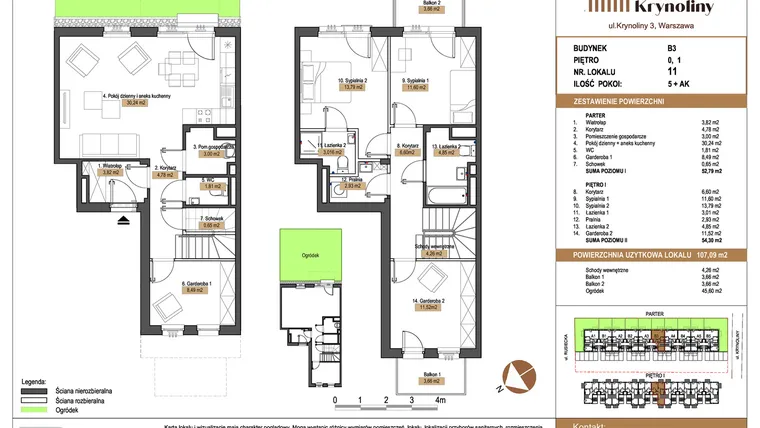 Rzut - Mieszkanie na sprzedaż 5 pokoi o powierzchni 107,09 m² - numer 11.B3 w Apartamenty Krynoliny