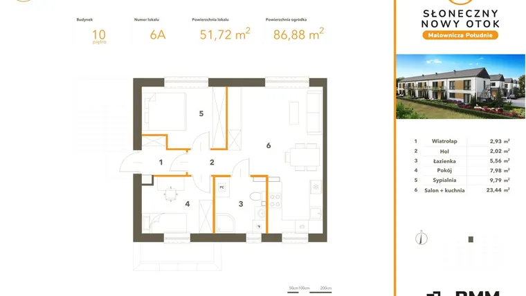 Rzut - Mieszkanie na sprzedaż 3 pokoje o powierzchni 51,72 m² - numer 6A w Słoneczny Nowy Otok - Malownicza Południe etap III