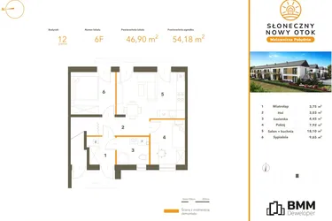 Rzut - Mieszkanie na sprzedaż 3 pokoje o powierzchni 46,9 m² - numer 6F w Słoneczny Nowy Otok - Malownicza Południe etap III
