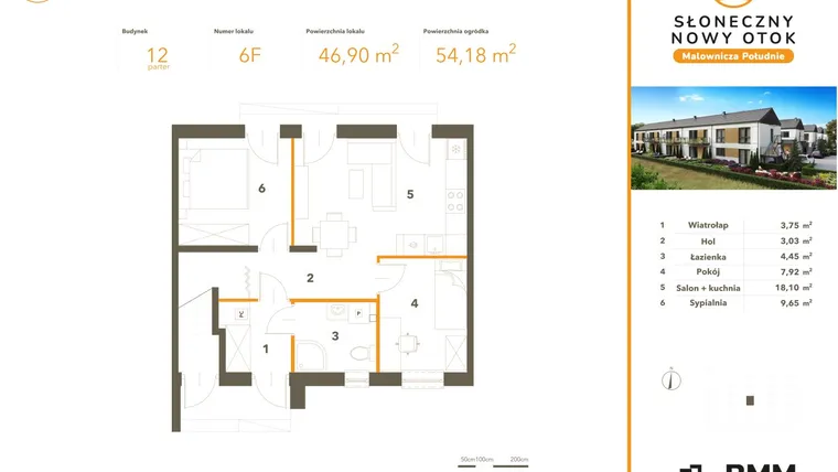 Rzut - Mieszkanie na sprzedaż 3 pokoje o powierzchni 46,9 m² - numer 6F w Słoneczny Nowy Otok - Malownicza Południe etap III
