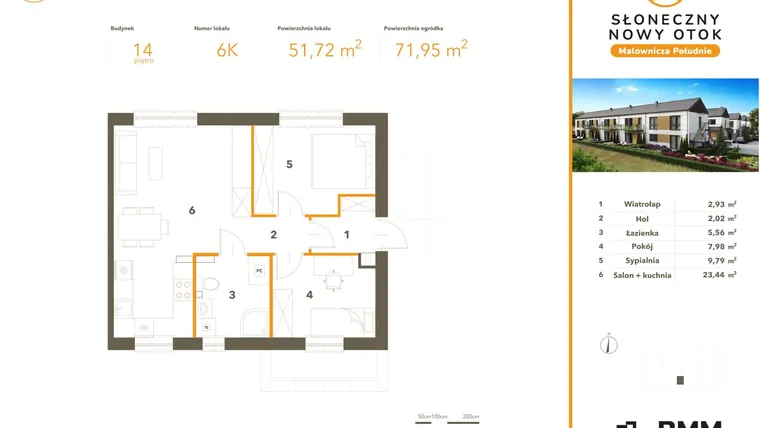 Rzut - Mieszkanie na sprzedaż 3 pokoje o powierzchni 51,72 m² - numer 6K w Słoneczny Nowy Otok - Malownicza Południe etap III