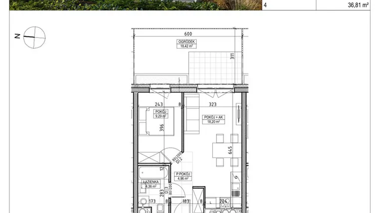 Rzut - Mieszkanie na sprzedaż 2 pokoje o powierzchni 36,81 m² - numer A3.00.06 w AURA