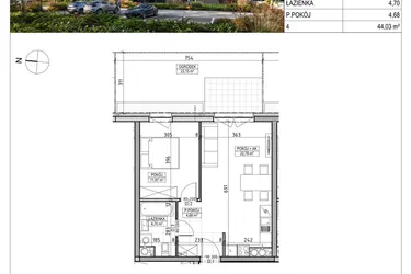 Rzut - Mieszkanie na sprzedaż 2 pokoje o powierzchni 44,03 m² - numer A3.00.04 w Aura