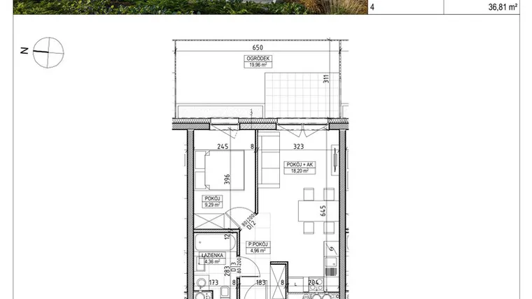 Rzut - Mieszkanie na sprzedaż 2 pokoje o powierzchni 36,81 m² - numer A3.00.05 w Aura