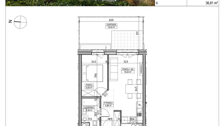 Rzut - Mieszkanie na sprzedaż 2 pokoje o powierzchni 36,81 m² - numer A3.00.07 w AURA