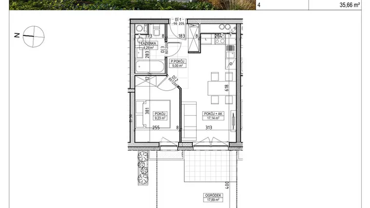 Rzut - Mieszkanie na sprzedaż 2 pokoje o powierzchni 35,66 m² - numer A3.00.11 w Aura