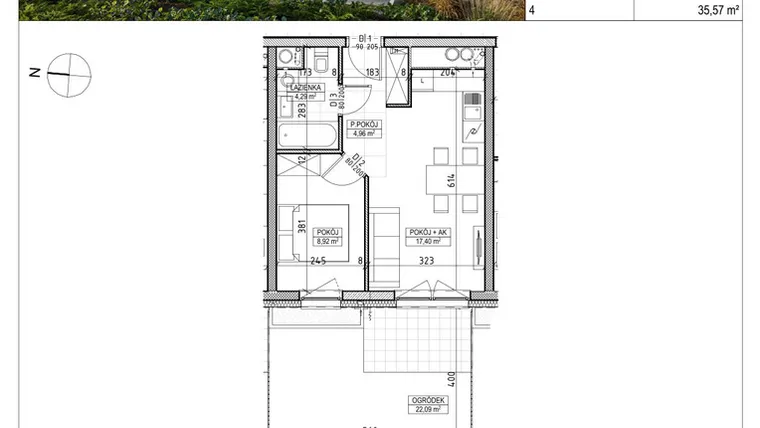 Rzut - Mieszkanie na sprzedaż 2 pokoje o powierzchni 35,57 m² - numer A3.00.10 w Aura