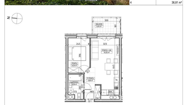 Rzut - Mieszkanie na sprzedaż 2 pokoje o powierzchni 36,81 m² - numer A3.02.29 w AURA