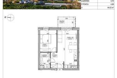 Rzut - Mieszkanie na sprzedaż 2 pokoje o powierzchni 44,03 m² - numer A3.02.26 w Aura