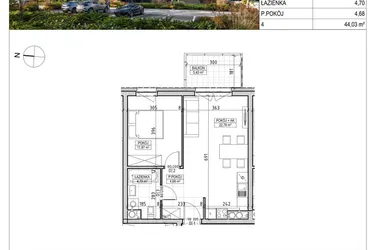 Rzut - Mieszkanie na sprzedaż 2 pokoje o powierzchni 44,03 m² - numer A3.03.37 w AURA