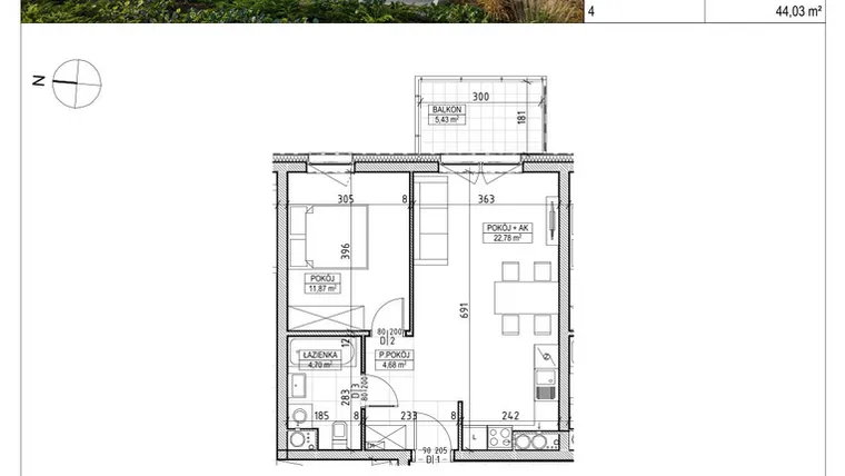 Rzut - Mieszkanie na sprzedaż 2 pokoje o powierzchni 44,03 m² - numer A3.03.37 w Aura