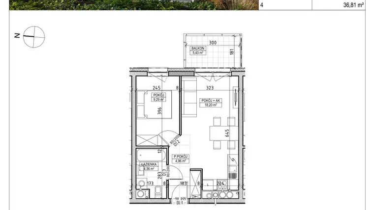 Rzut - Mieszkanie na sprzedaż 2 pokoje o powierzchni 36,81 m² - numer A3.03.39 w AURA