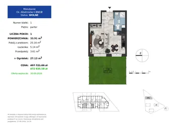 Rzut - Mieszkanie na sprzedaż 1 pokój o powierzchni 33,91 m² - numer 21C.2 w Osiedle Albatrosów II