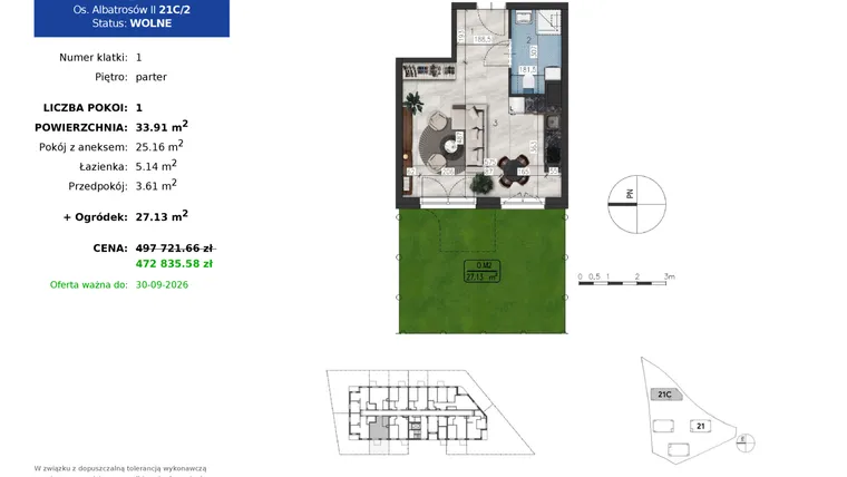 Rzut - Mieszkanie na sprzedaż 1 pokój o powierzchni 33,91 m² - numer 21C.2 w Osiedle Albatrosów II