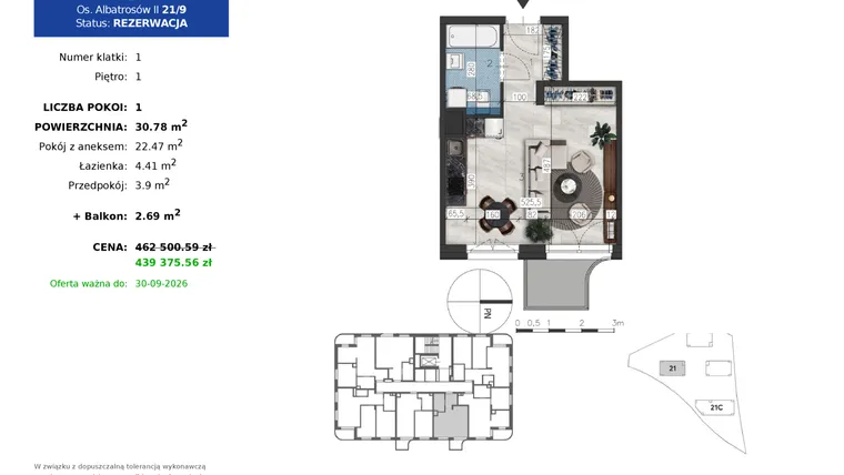 Rzut - Mieszkanie na sprzedaż 1 pokój o powierzchni 30,78 m² - numer 21.9 w Osiedle Albatrosów II