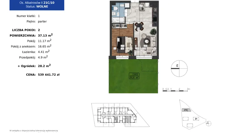Rzut - Mieszkanie na sprzedaż 2 pokoje o powierzchni 37,13 m² - numer 21C.10 w Osiedle Albatrosów II