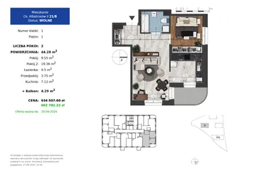 Rzut - Mieszkanie na sprzedaż 2 pokoje o powierzchni 44,28 m² - numer 21.8 w Osiedle Albatrosów II