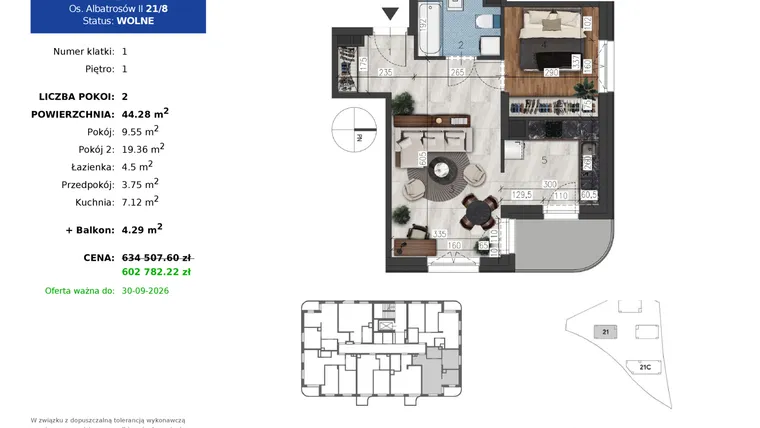 Rzut - Mieszkanie na sprzedaż 2 pokoje o powierzchni 44,28 m² - numer 21.8 w Osiedle Albatrosów II