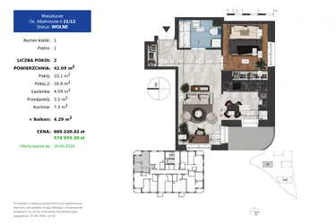 Rzut - Mieszkanie na sprzedaż 2 pokoje o powierzchni 42,09 m² - numer 21.12 w Osiedle Albatrosów II