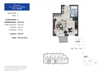 Rzut - Mieszkanie na sprzedaż 1 pokój o powierzchni 34,29 m² - numer 21C.12 w Osiedle Albatrosów II
