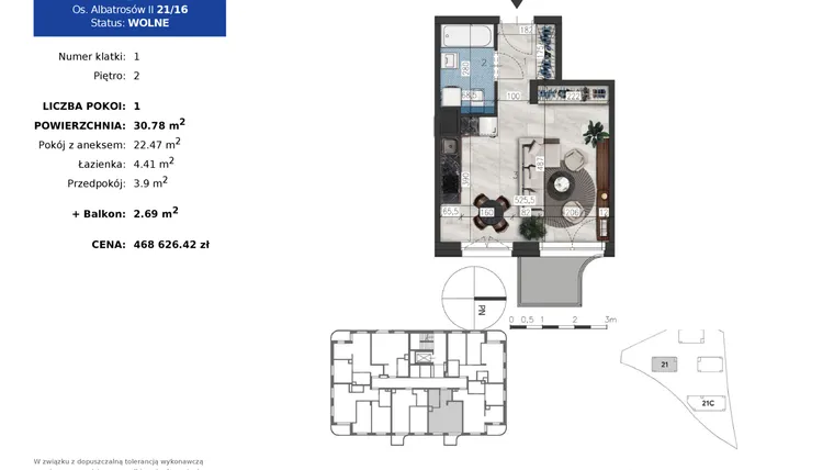 Rzut - Mieszkanie na sprzedaż 1 pokój o powierzchni 30,78 m² - numer 21.16 w Osiedle Albatrosów II