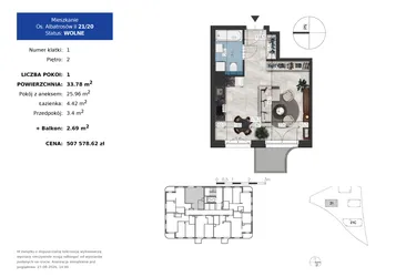 Rzut - Mieszkanie na sprzedaż 1 pokój o powierzchni 33,78 m² - numer 21.20 w Osiedle Albatrosów II
