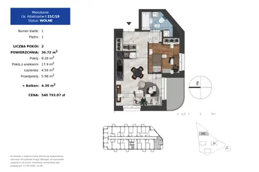 Rzut - Mieszkanie na sprzedaż 2 pokoje o powierzchni 36,72 m² - numer 21C.19 w Osiedle Albatrosów II