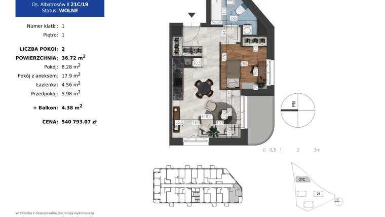 Rzut - Mieszkanie na sprzedaż 2 pokoje o powierzchni 36,72 m² - numer 21C.19 w Osiedle Albatrosów II