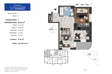 Rzut - Mieszkanie na sprzedaż 2 pokoje o powierzchni 42,09 m² - numer 21.19 w Osiedle Albatrosów II