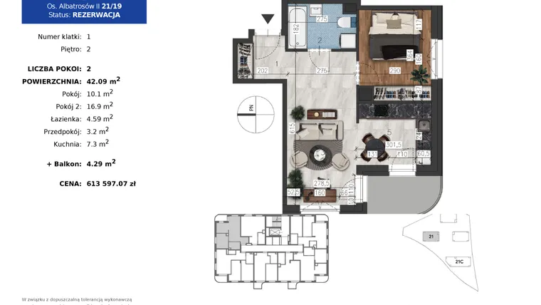 Rzut - Mieszkanie na sprzedaż 2 pokoje o powierzchni 42,09 m² - numer 21.19 w Osiedle Albatrosów II