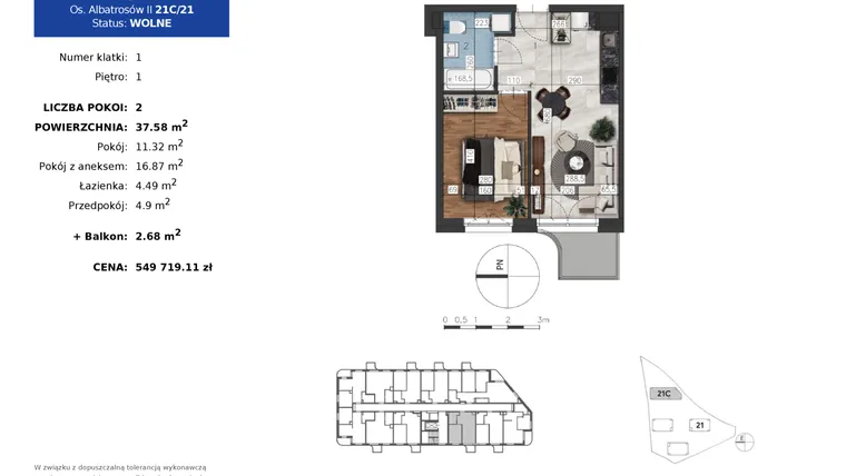 Rzut - Mieszkanie na sprzedaż 2 pokoje o powierzchni 37,58 m² - numer 21C.21 w Osiedle Albatrosów II