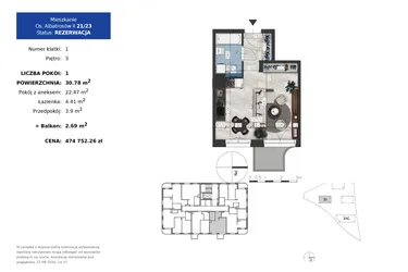 Rzut - Mieszkanie na sprzedaż 1 pokój o powierzchni 30,78 m² - numer 21.23 w Osiedle Albatrosów II