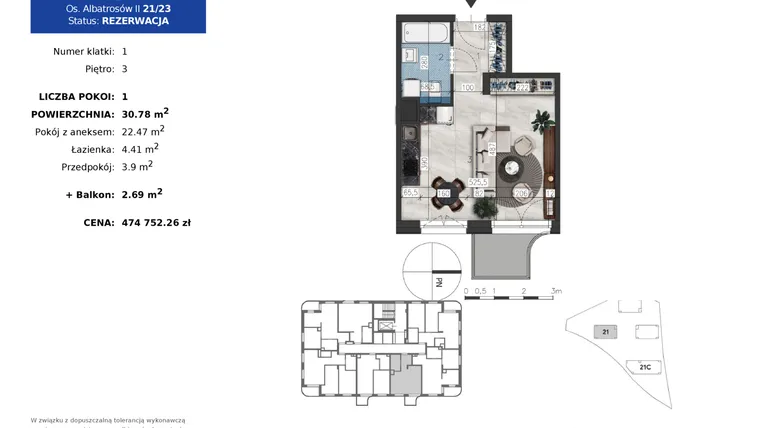 Rzut - Mieszkanie na sprzedaż 1 pokój o powierzchni 30,78 m² - numer 21.23 w Osiedle Albatrosów II