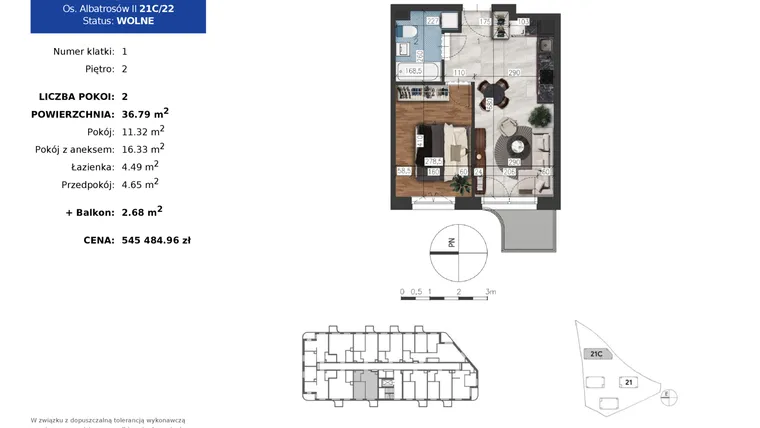 Rzut - Mieszkanie na sprzedaż 2 pokoje o powierzchni 36,79 m² - numer 21C.22 w Osiedle Albatrosów II