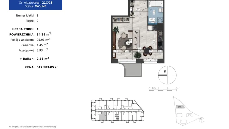 Rzut - Mieszkanie na sprzedaż 1 pokój o powierzchni 34,29 m² - numer 21C.23 w Osiedle Albatrosów II