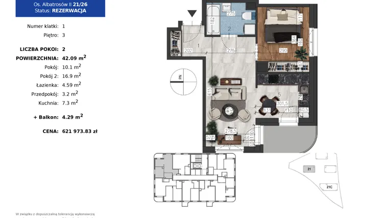 Rzut - Mieszkanie na sprzedaż 2 pokoje o powierzchni 42,09 m² - numer 21.26 w Osiedle Albatrosów II