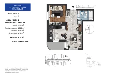 Rzut - Mieszkanie na sprzedaż 2 pokoje o powierzchni 38,55 m² - numer 21C.35 w Osiedle Albatrosów II