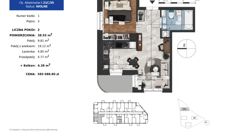 Rzut - Mieszkanie na sprzedaż 2 pokoje o powierzchni 38,55 m² - numer 21C.35 w Osiedle Albatrosów II
