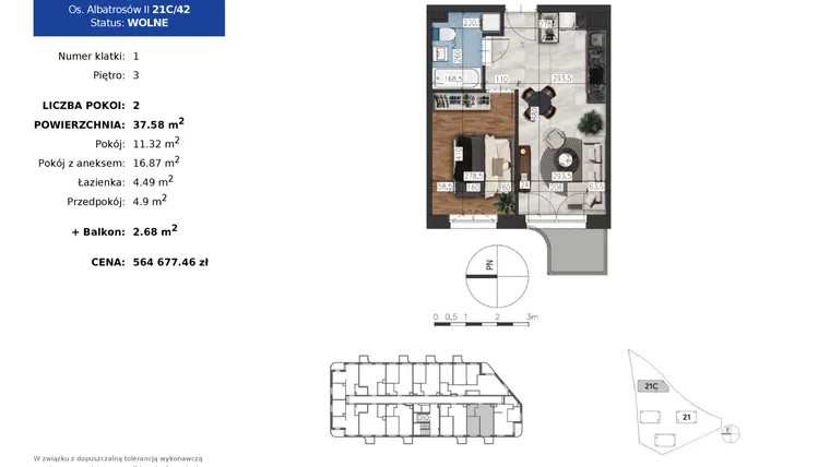 Rzut - Mieszkanie na sprzedaż 2 pokoje o powierzchni 37,58 m² - numer 21C.42 w Osiedle Albatrosów II