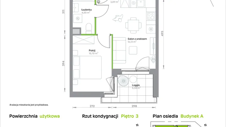 Rzut - Mieszkanie na sprzedaż 2 pokoje o powierzchni 34,22 m² - numer A/3/11 w Krakowska Vita