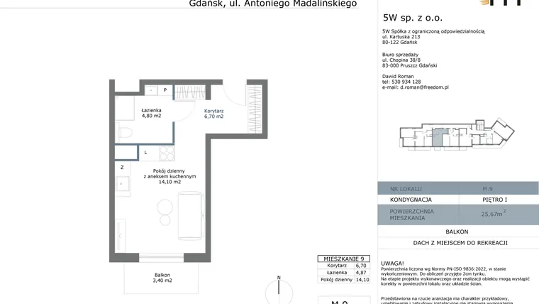 Rzut - Mieszkanie na sprzedaż 1 pokój o powierzchni 25,67 m² - numer M09 w Madalińskiego