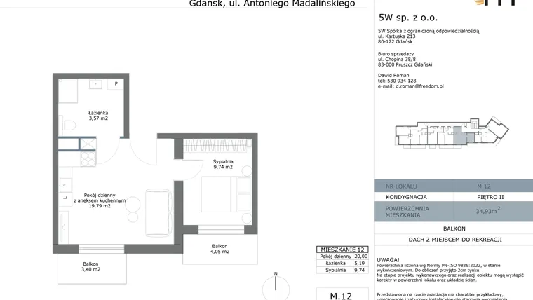Rzut - Mieszkanie na sprzedaż 2 pokoje o powierzchni 34,93 m² - numer M12 w Madalińskiego