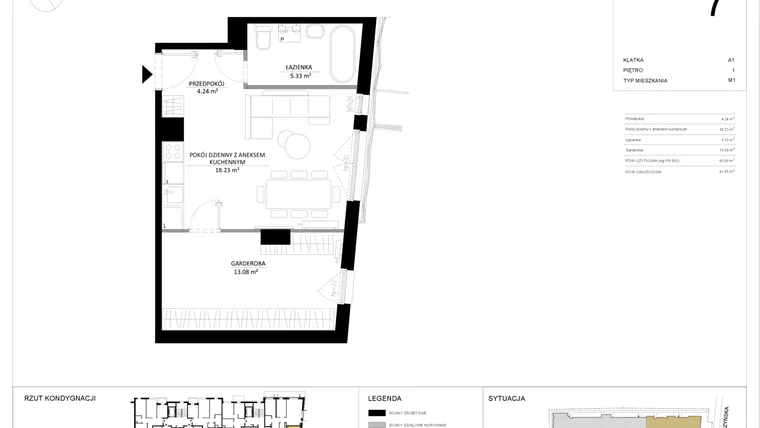 Rzut - Mieszkanie na sprzedaż 1 pokój o powierzchni 40,88 m² - numer 7 w SILO