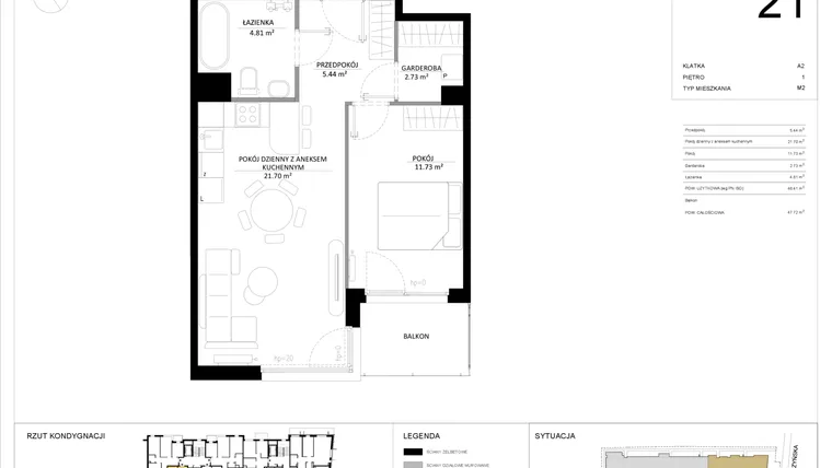 Rzut - Mieszkanie na sprzedaż 2 pokoje o powierzchni 46,41 m² - numer 21 w SILO