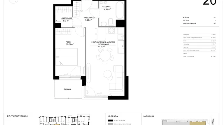 Rzut - Mieszkanie na sprzedaż 2 pokoje o powierzchni 46,41 m² - numer 20 w SILO